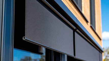 Obraz premium Close-up of a black roller shade on a modern building exterior.
