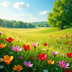 Obraz premium Blooming wildflower field on a sunny day with gentle breeze , field, outdoors