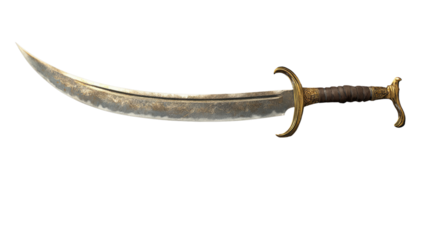 Ancient Scimitar: A weathered, curved blade of an ancient scimitar, with a detailed hilt and a hint of age and history.  The blade shows signs of use and time.