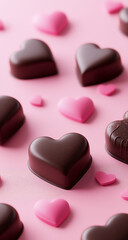 Fototapeta premium Heart-shaped chocolates and pink candies arranged on a pastel pink background, perfect for Valentine’s Day themes and sweet designs