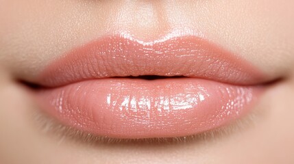 Fototapeta premium Close-up of glossy, soft lips with a natural nude shade.