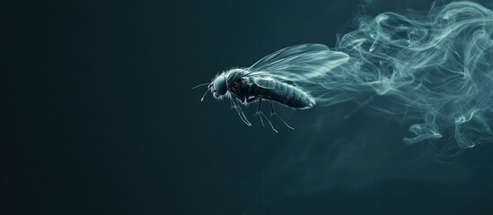 Mysterious levitating insect silhouetted against a dark background surrounded by ethereal wisps of smoke or mist creating a surreal supernatural and captivating atmosphere
