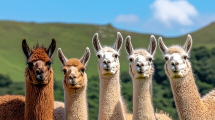 Obraz premium A group of five llamas standing together in a lush green landscape.