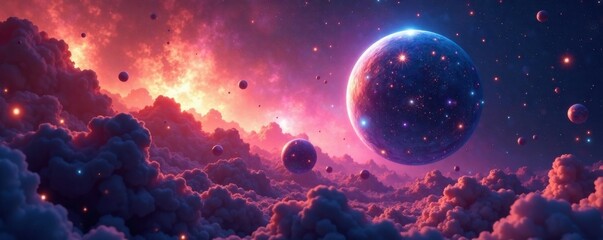 Fototapeta premium Celestial bodies float in shimmering aura , glowing, orb, cosmic