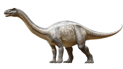 Obraz premium Mamenchisaurus Profile: A majestic Mamenchisaurus, a long-necked sauropod dinosaur, stands in profile view against a neutral background. Its impressive size and intricate details are showcased. 