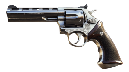 Chrome Revolver: A close-up view of a classic chrome revolver, showcasing its sleek design and intricate details. The silver finish and sharp lines highlight its powerful presence.  