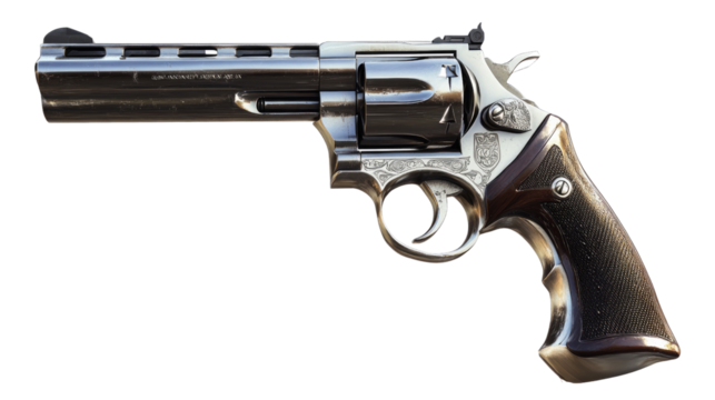 Chrome Revolver: A close-up view of a classic chrome revolver, showcasing its sleek design and intricate details. The silver finish and sharp lines highlight its powerful presence.  