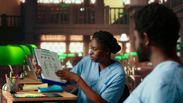 African American pupils studying together for med school exams, man and woman helping each other memorize healthcare details. Students focuses on medical research in library. Camera B.