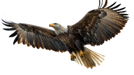Majestic Bald Eagle in Flight: A powerful bald eagle with striking white head and  beak soars through the air with its wings outstretched.
