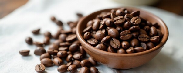 Fototapeta premium Close-up of coffee beans in a bowl on white tablecloth, tablecloth, coffee, bowl