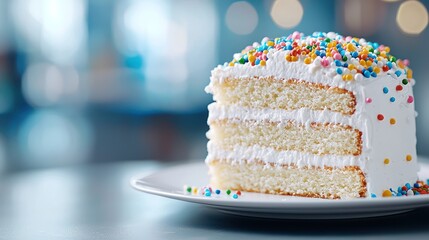 A slice of cake topped with colorful sprinkles on a white plate, set against a blurred background.