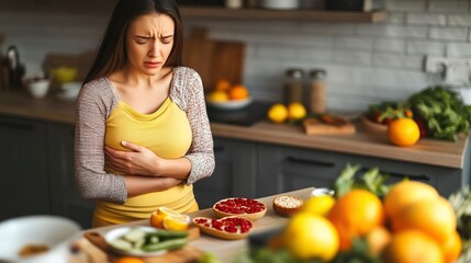 Worried woman holding stomach in modern kitchen with variety of fresh fruits, showing symptoms of food allergy