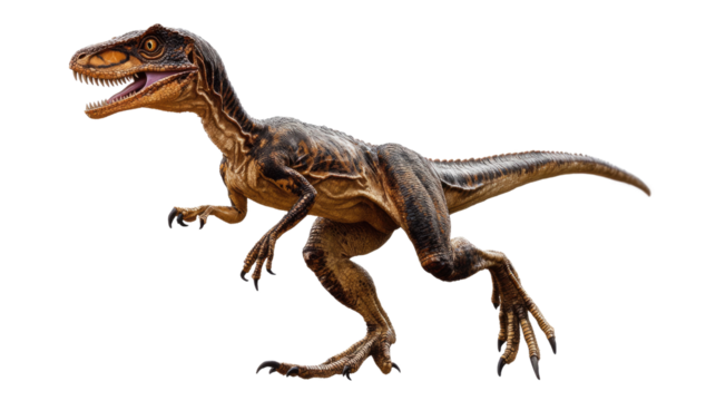 Raptor in Motion: A fearsome, yet fascinating, velociraptor stands in a dynamic pose with a fierce yet playful expression.