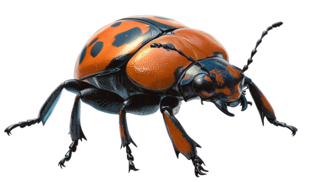 Intricate Beauty of a Beetle: A close-up shot reveals the intricate details of a vibrant beetle, its shell adorned with a striking pattern of black spots against a fiery orange background.