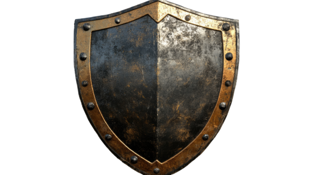 Medieval Shield: A weathered, yet sturdy, medieval shield with a dark iron body and ornate gold trim. The shield's shape is a classic kite shield, designed for close combat.