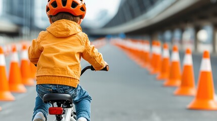 A child riding a bicycle on a road marked with orange traffic cones.