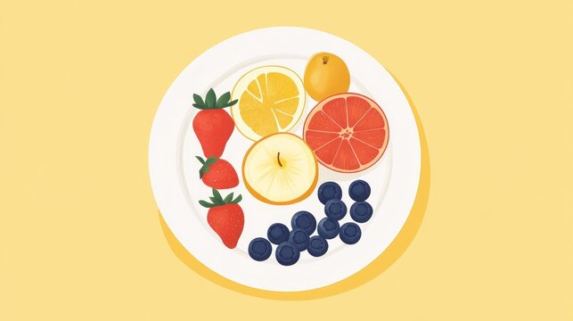 Colorful fruit plate, healthy breakfast, yellow background, flat lay, food blog