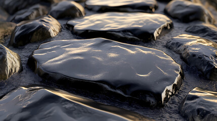 Black polished stone path. smooth, dark stones create a sleek, elegant pathway. reflecting light, they suggest sophistication and mystery. Obsidian Path. Illustration