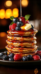 Stack of fluffy pancakes with maple syrup and butter, topped with fresh berries, soft natural lighting in a clean food photography composition
