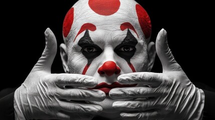 A clown with white face paint, red accents, and gloves, creating a mysterious atmosphere.
