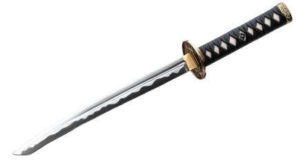 Sharp Samurai Sword: A gleaming, finely crafted katana, a traditional Japanese sword, showcases its sleek, curved blade and intricate details of its black scabbard.