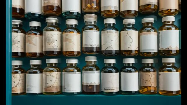 Abstract medicine bottles arranged in a geometric pattern