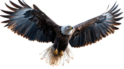 Obraz premium Majestic Bald Eagle in Flight: A powerful bald eagle with striking white head and tail feathers soars through the air with outstretched wings, showcasing its majestic presence and aerial prowess. 
