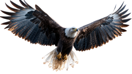 Majestic Bald Eagle in Flight: A powerful bald eagle with striking white head and tail feathers soars through the air with outstretched wings, showcasing its majestic presence and aerial prowess.  