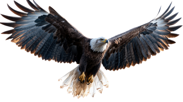 Majestic Bald Eagle in Flight: A powerful bald eagle with striking white head and tail feathers soars through the air with outstretched wings, showcasing its majestic presence and aerial prowess.  