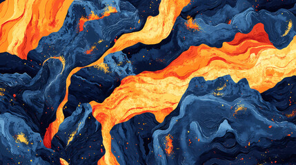 Naklejka premium Fiery lava flowing through volcanic rocks: intense heat, molten rock, earth's inferno, geological wonders. Obsidian Path. Illustration