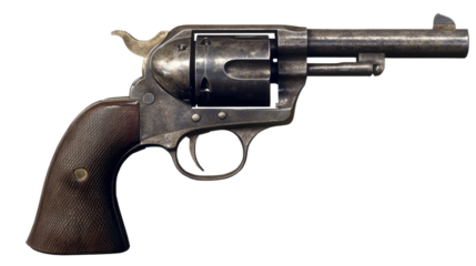 Antique Colt Revolver: A detailed close-up shot of an antique Colt revolver, showcasing its aged metallic finish and dark wood grip.  The revolver is presented against a neutral background.
