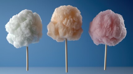 Three colorful cotton candy cones on wooden sticks against a blue background.
