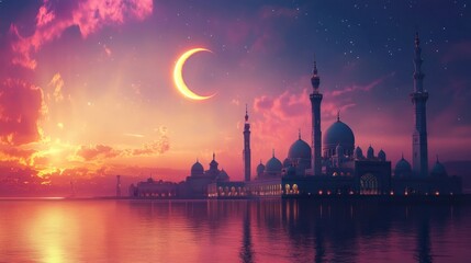 Obraz premium Serene sunset over a mosque with crescent moon.