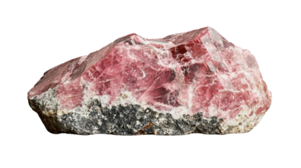 Rhodochrosite Mineral: A stunning close-up shot of a raw Rhodochrosite mineral specimen.  The vibrant pink and white hues of the crystal stand out against the gray background.