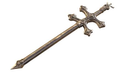 Ornate Medieval Sword: A gleaming silver sword with intricate, detailed design, evokes a sense of history, power, and chivalry.