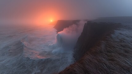 Dramatic sunset over cliffs with crashing waves below