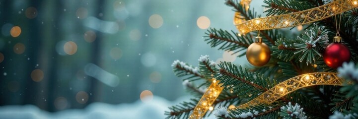 Decorative gold garland hanging on a bare Christmas tree with snowflakes, Snowflakes, Garland, Winter