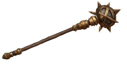 Medieval Morning Star: A detailed close-up of a medieval morning star, a brutal and effective weapon with a spiked ball attached to a long wooden handle.