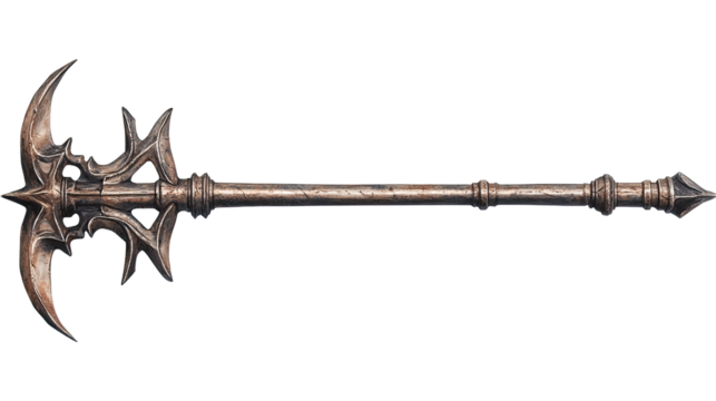 Ornate Fantasy Weapon: A detailed, intricately crafted, and ominous looking fantasy weapon with a bronze finish and a double-bladed, hooked head, perfect for creating mystical scenes in your designs.