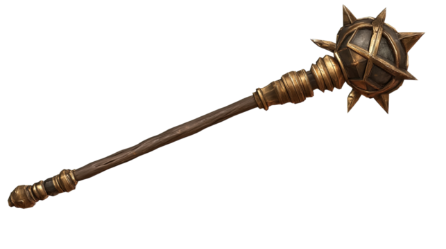 Medieval Morning Star: A detailed close-up of a medieval morning star, a brutal and effective weapon with a spiked ball attached to a long wooden handle.