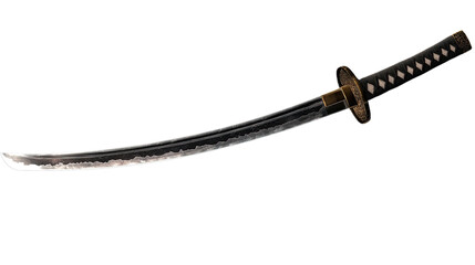 Obraz premium Katana: A sharp, curved katana sword with a black scabbard and intricate details, isolated against a clean background. The blade shows a subtle, textured finish. 