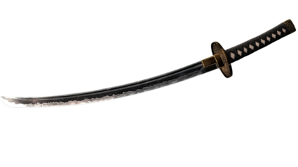 Katana: A sharp, curved katana sword with a black scabbard and intricate details, isolated against a clean background. The blade shows a subtle, textured finish. 