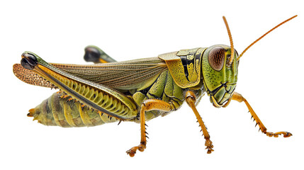 Fototapeta premium Grasshopper Close-up: A vibrant green grasshopper with detailed markings, captured in a crisp macro shot, showcasing its intricate anatomy and the beauty of the natural world.