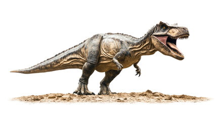 Fototapeta premium Tyrannosaurus Rex: A formidable Tyrannosaurus Rex dinosaur, its mouth agape in a terrifying roar, stands poised on a rocky terrain, showcasing its immense size and predatory power. 