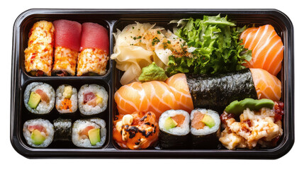 Sushi Bento Box Delight: A delectable assortment of sushi and maki rolls, including salmon, tuna, and avocado, artfully arranged in a black bento box.