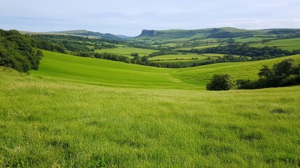 Lush Green Rolling Hills Under a Blue Sky with Gentle Clouds, Showcasing a Picturesque Landscape Perfect for Nature and Outdoor Themes