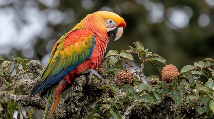 A vibrant parrot perched on a branch with green foliage and fruit.