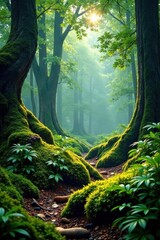 Earthy forest landscape with moss and ferns, greenery, earthy