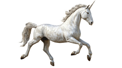 Majestic Unicorn in Motion: A powerful, white unicorn with a flowing mane and tail gracefully prances, embodying magic, grace, and mythical wonder.