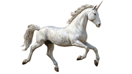 Majestic Unicorn in Motion: A powerful, white unicorn with a flowing mane and tail gracefully prances, embodying magic, grace, and mythical wonder.
